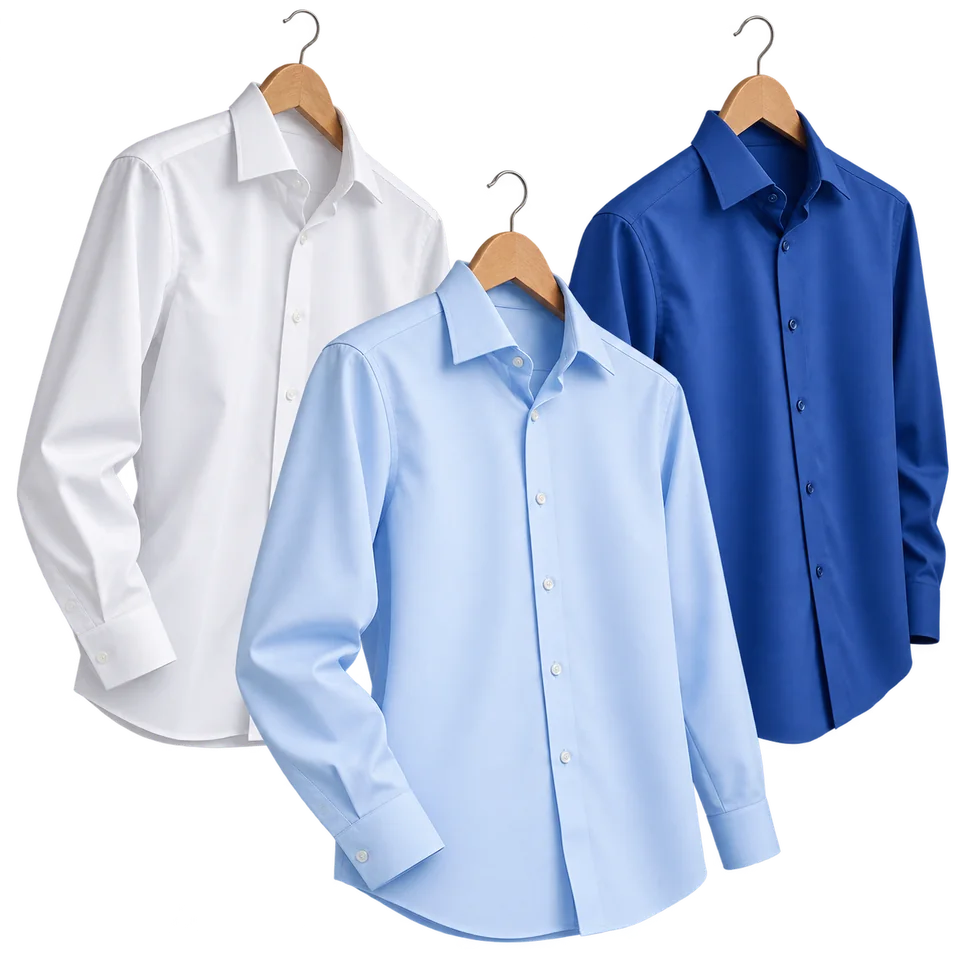 Tres camisas blancas y azules limpias y planchadas en armadores, con distintos ángulos